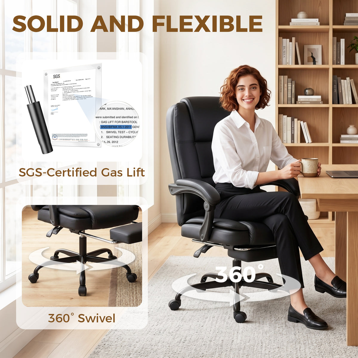 Chaise de bureau ergonomique, fauteuil de bureau inclinable en pu avec repose-pieds rétractable, hauteur réglable, noir