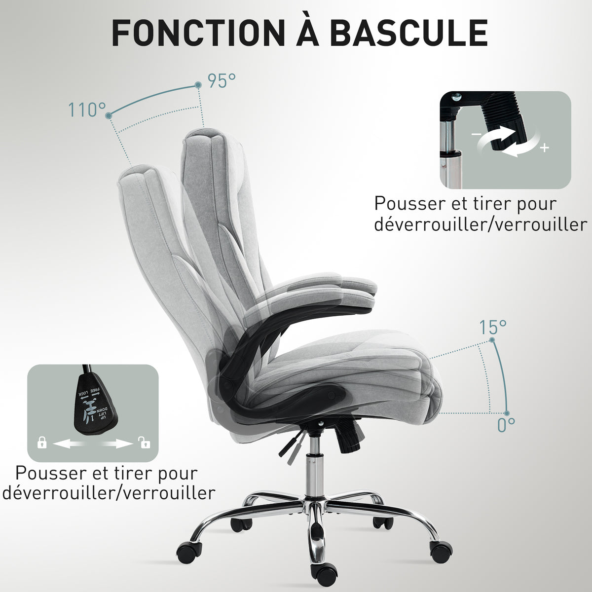 Fauteuil de bureau, chaise bureau ergonomique, hauteur réglable, accoudoirs relevables, 70 x 70 x 114-122 cm, gris