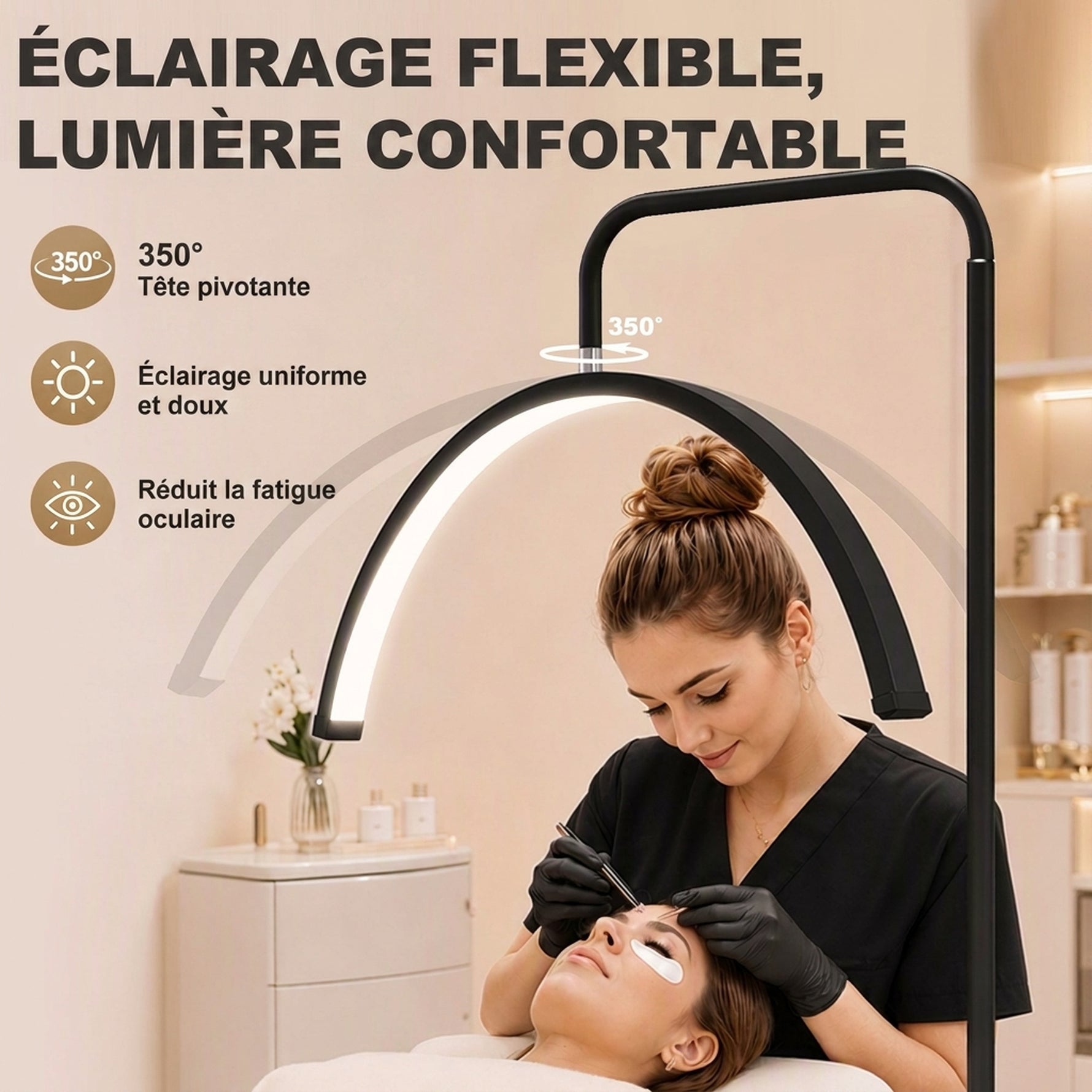Lampadaire LED demi-lune rotative 350°, lampadaire sur pied salon dimmable 36 W, 7 températures de couleur, noir