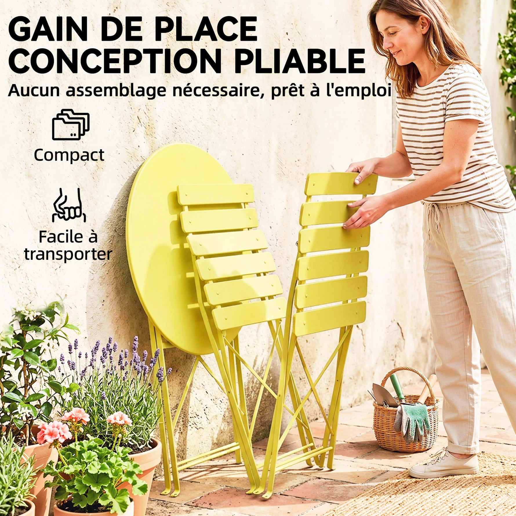 Ensemble Bistrot de Jardin 3 Pièces Table et 2 Chaises Pliantes à Lattes Double Protection Antirouille Jaune