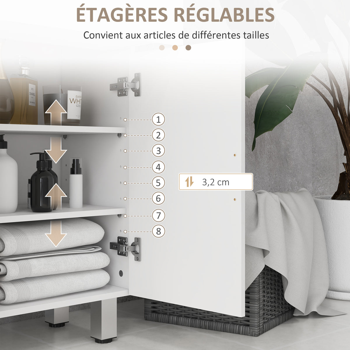 Mobile bagno con 2 cassetti, armadietto a doppia anta e ripiani regolabili 60 x 30 x 93 cm bianco lucido