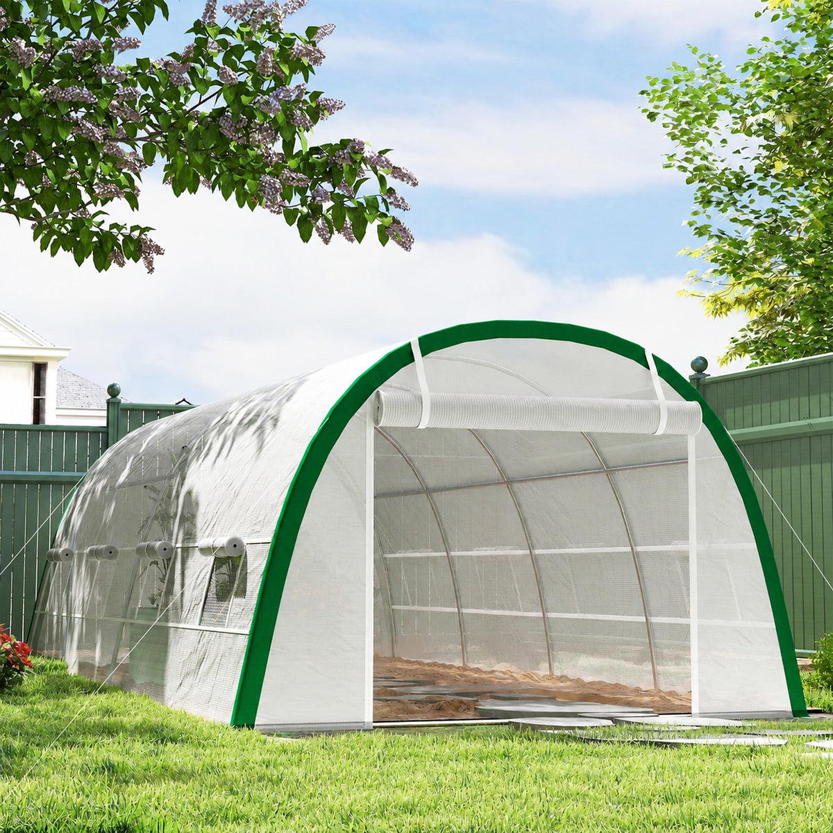 Serre de Jardin Tunnel 18 m² dim. 6L x 3l x 2H m - 8 fenêtres, Porte zippée Enroulable, Acier galvanisé, bâche PE, Blanc