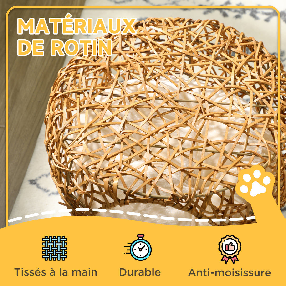 Niche pour chat lit pour chat panier chat maison de chat en rotin coussin épais Ø 40 x 32 cm marron clair