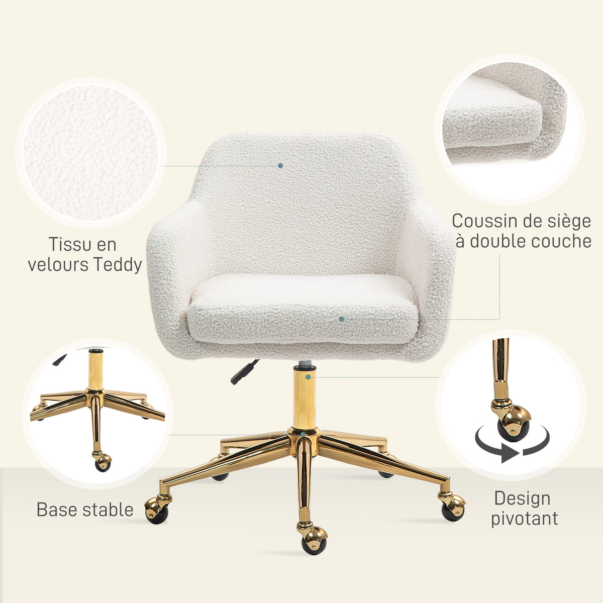 Chaise de bureau fauteuil de bureau avec roulettes hauteur réglable assise pivotante à 360° 60 x 61 x 79-88 cm crème