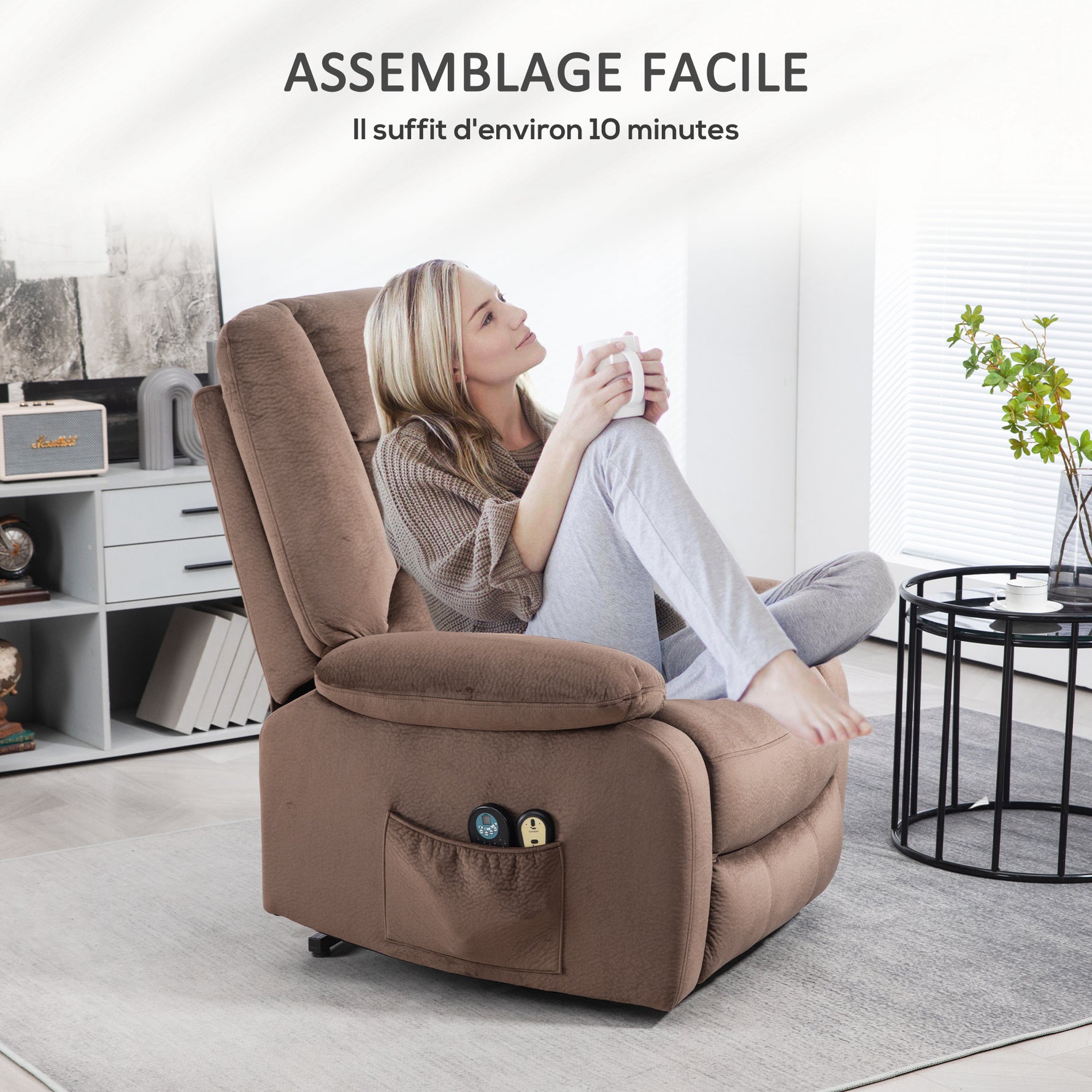 Fauteuil releveur électrique fauteuil relaxant dossier inclinable avec repose-pied télécommandes 90 x 93 x 110 cm marron