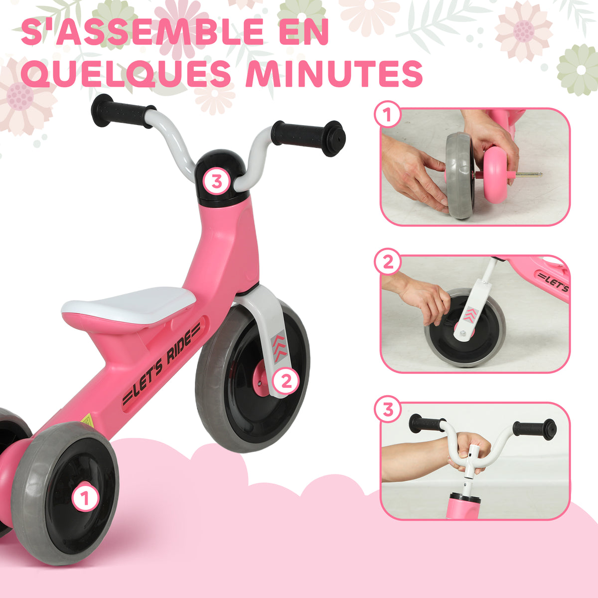Draisienne bébé 1-3 ans jusqu'à 20 kg, vélo enfants sans pédale, 3 roues silencieuses, 69 x 40 x 49 cm, rose