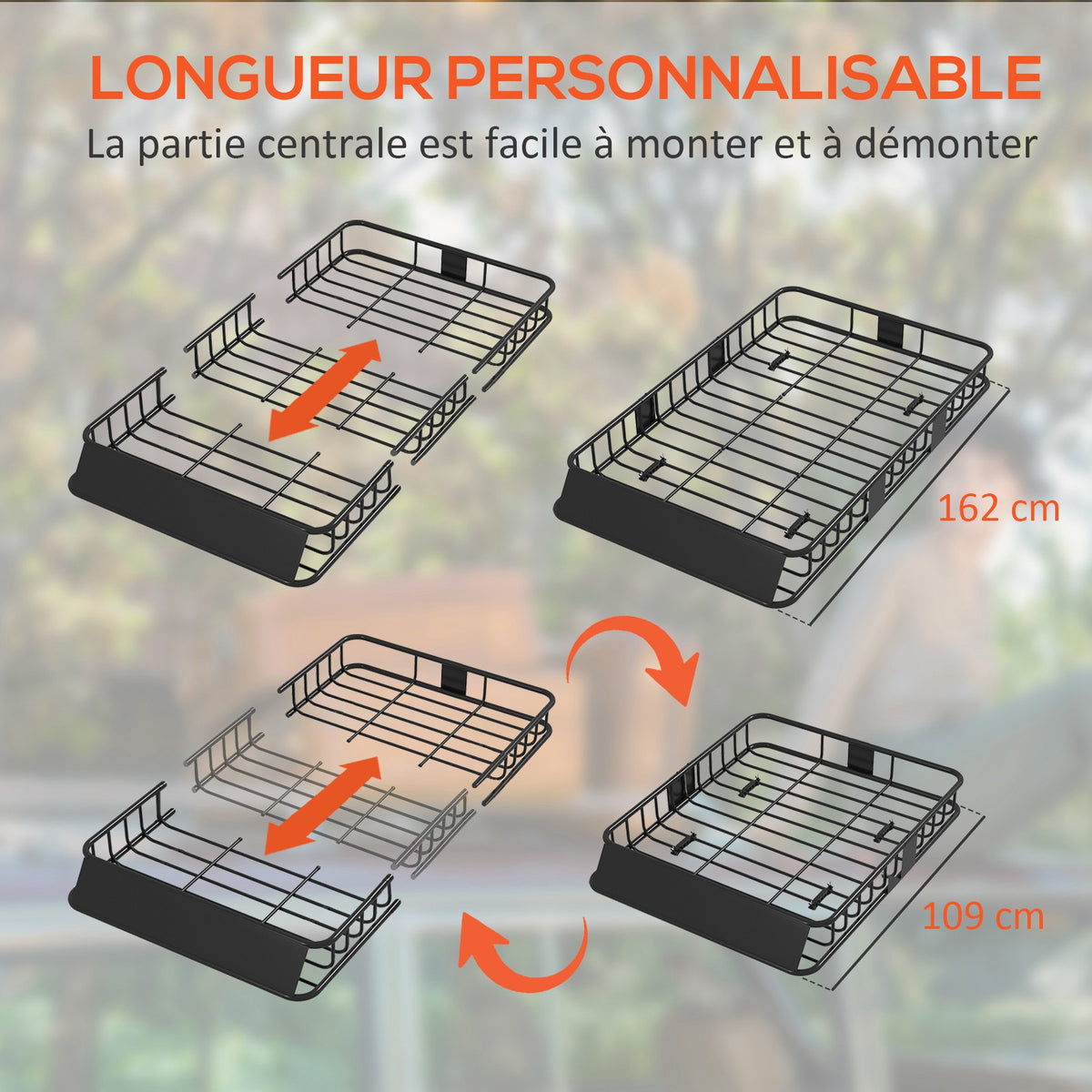 Porte-bagages Galerie de toit pour voiture en métal réglable en longueur de 109 à 162L cm Charge max 100kg