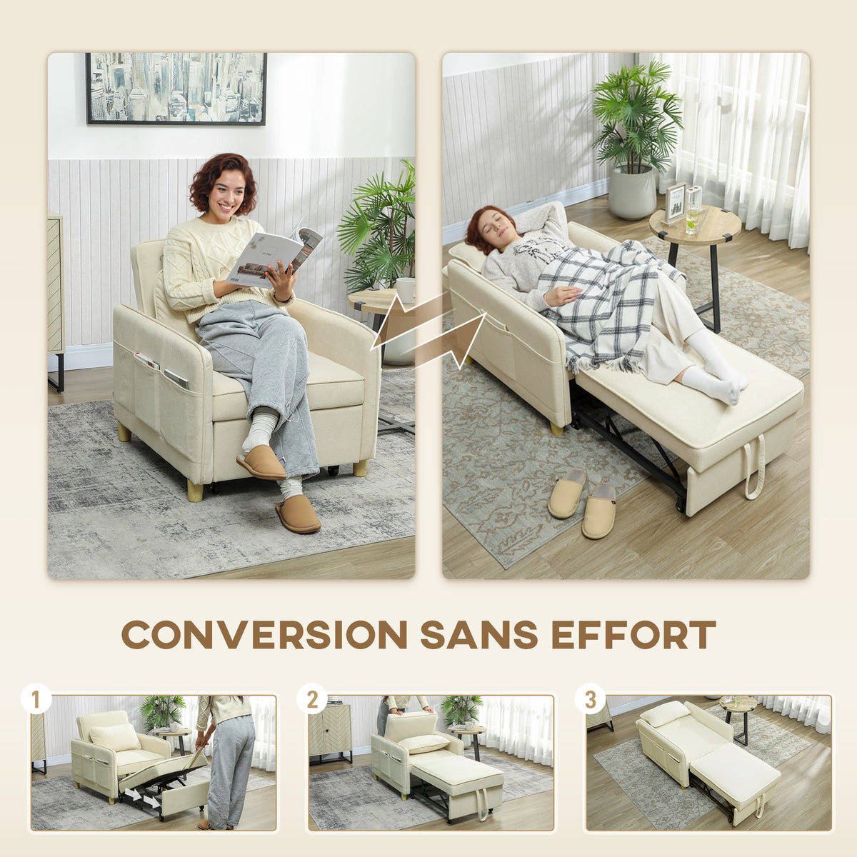 Fauteuil Convertible 1 Place, Fauteuil-Lit Clic-Clac 3 en 1 Rembourré en Velours Grain Maïs, Dossier Réglable, Beige