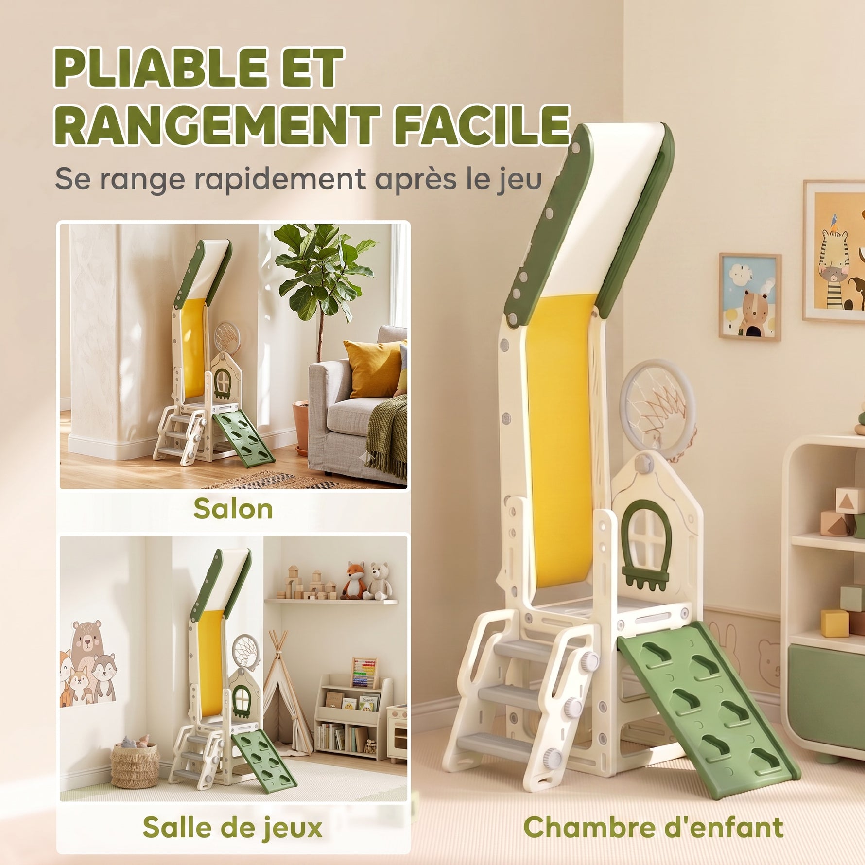 Toboggan pour Enfant Pliable 5-en-1 avec Escalade, Panier de Basket, Espace de Rangement et Ballon, Crème