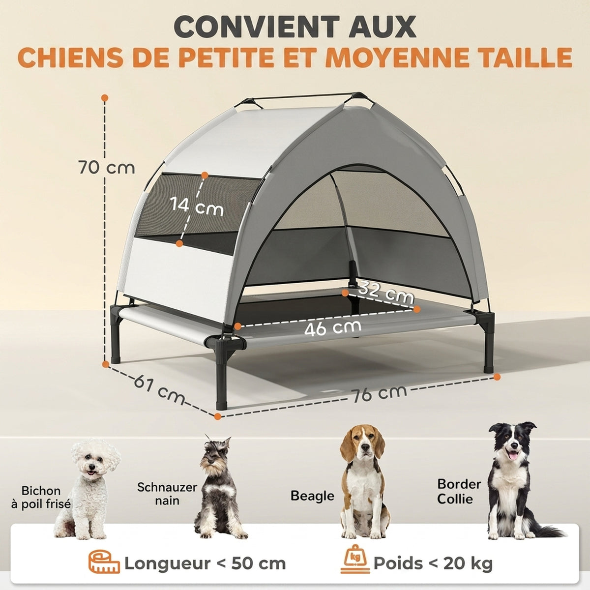 Lit pour Chien Surélevé Tente pour Chien avec Auvent Tente 3 Côtés Respirant Textilène Sac 76x61x70cm Gris Clair
