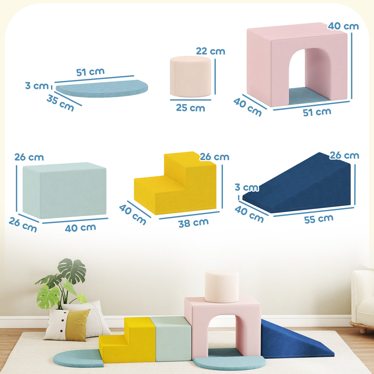 Parcours motricité bébé jouet d'escalade modulable 8 pièces housse lavable en velours 51 x 40 x 40 cm multicolore