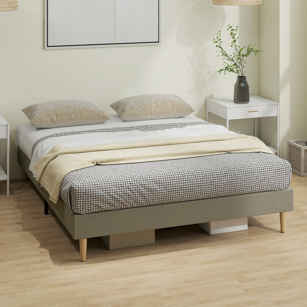Estructura de cama de 160 x 200 cm con somier de láminas de madera, cama doble tapizada en pana, gris