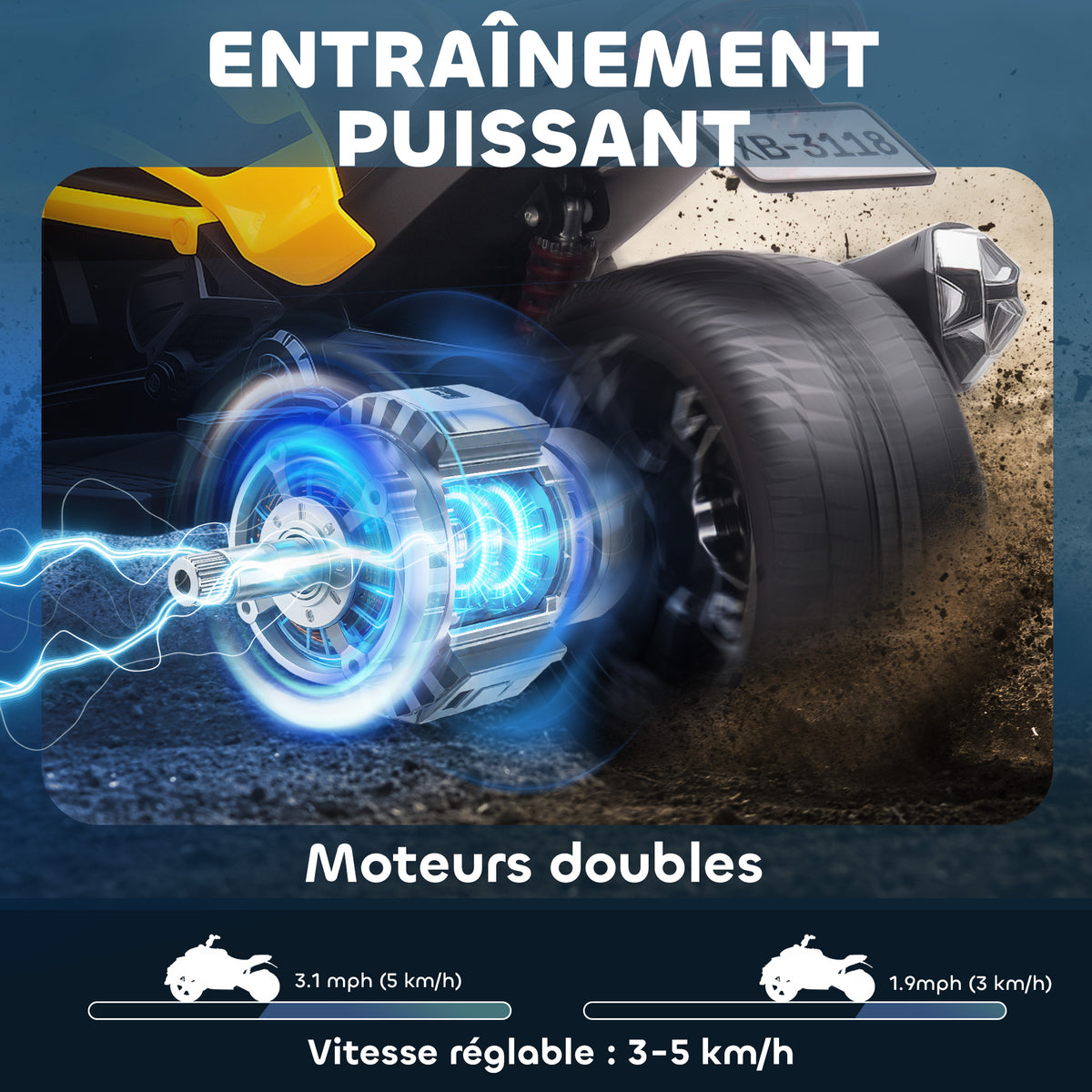 Quad électrique enfants voiture électrique enfants 12V 3 roues 2 moteurs lecteur MP3, klaxon, 2 vitesses 3-5 km/h jaune