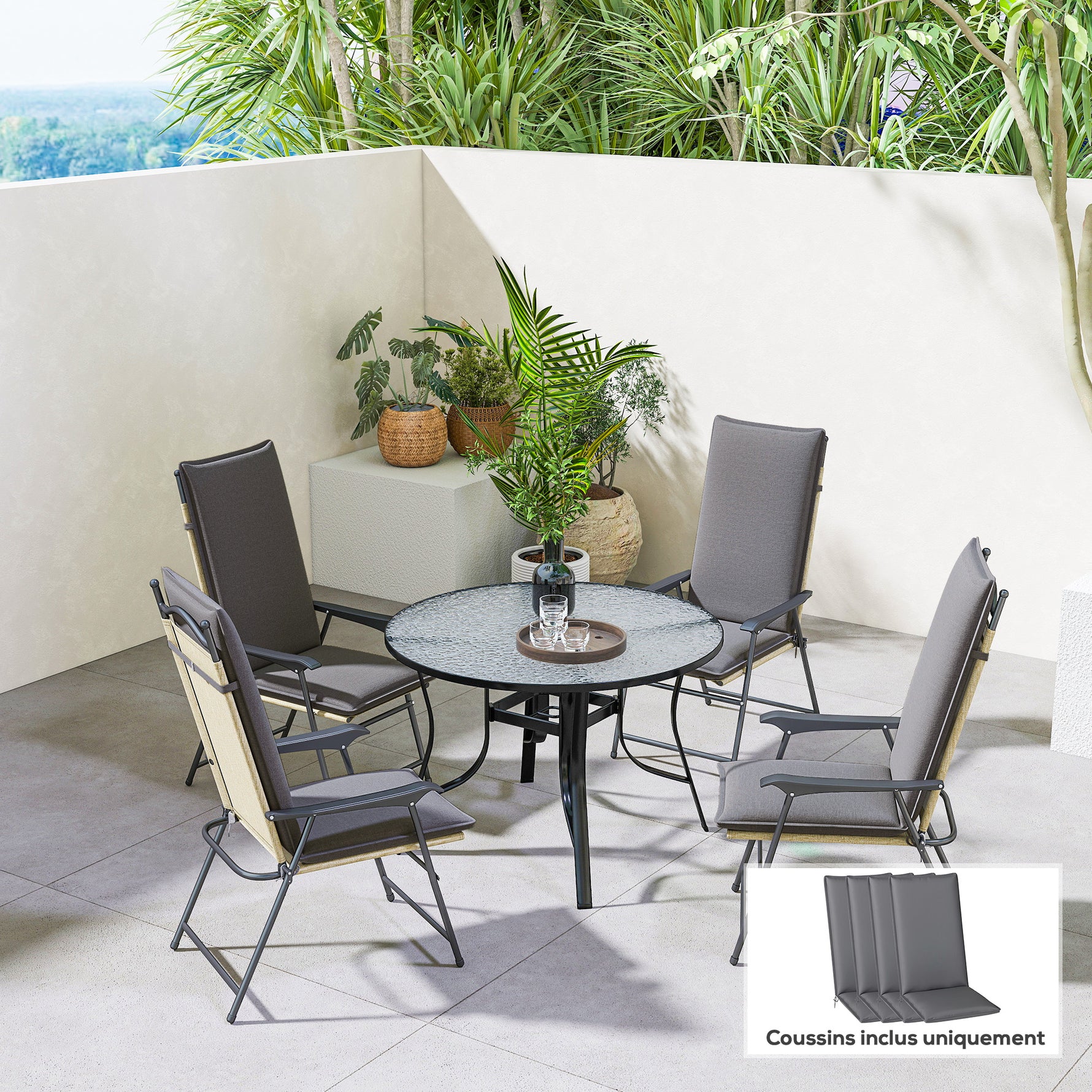 Lot de 4 coussins de chaise extérieur avec attaches et bande réglable, anti-décoloration UPF50+, 124x50x5cm, gris