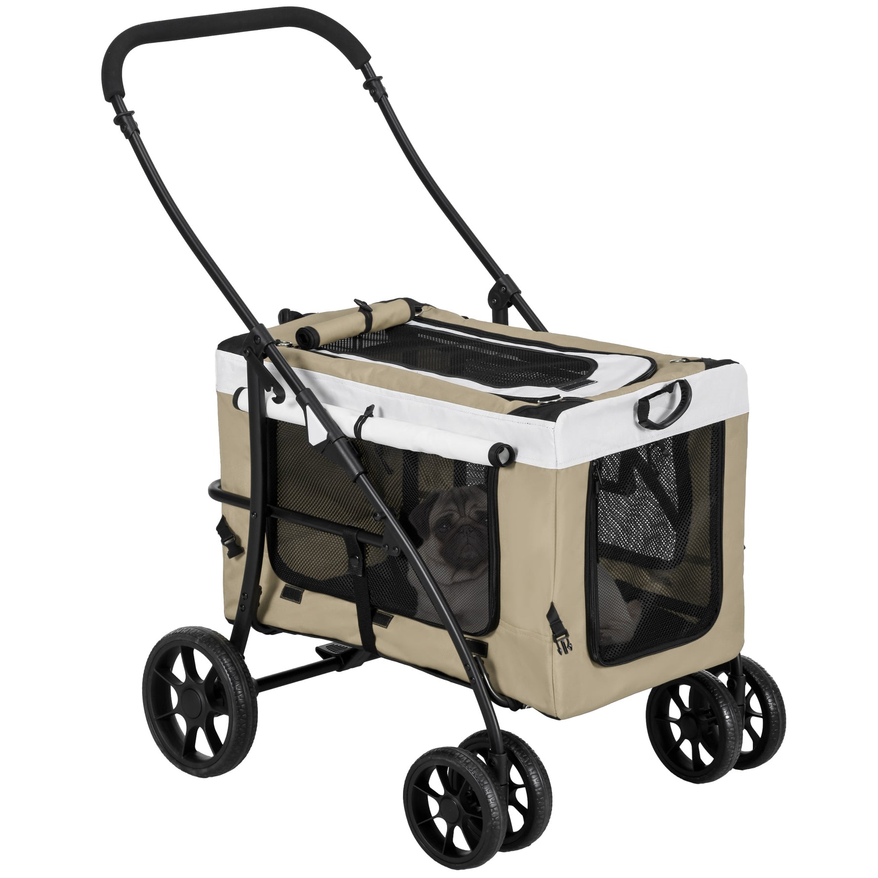 Poussette pliable animaux chien chat nacelle amovible bandoulières 4 roues 81 x 58 x 97,5 cm kaki