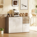 Buffet salon, meuble de rangement avec 2 tiroirs, 3 portes et étagère réglable, 106 x 35 x 76 cm, blanc et bois naturel