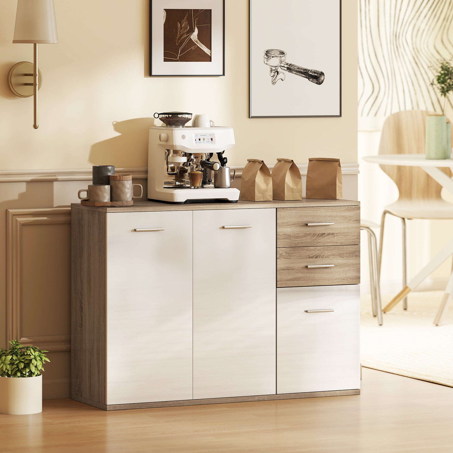 Buffet salon, meuble de rangement avec 2 tiroirs, 3 portes et étagère réglable, 106 x 35 x 76 cm, blanc et bois naturel