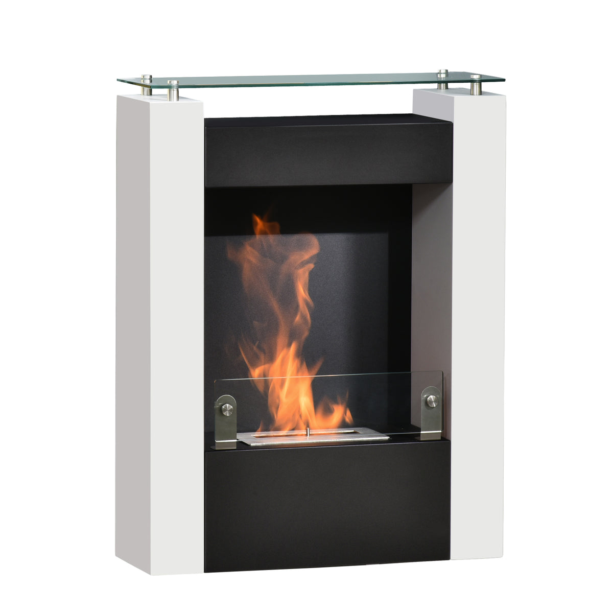 Cheminée bioéthanol brûleur 0,9 L avec plateau de rangement en verre trempé 60 x 20 x 79 cm Acier Noir et Blanc