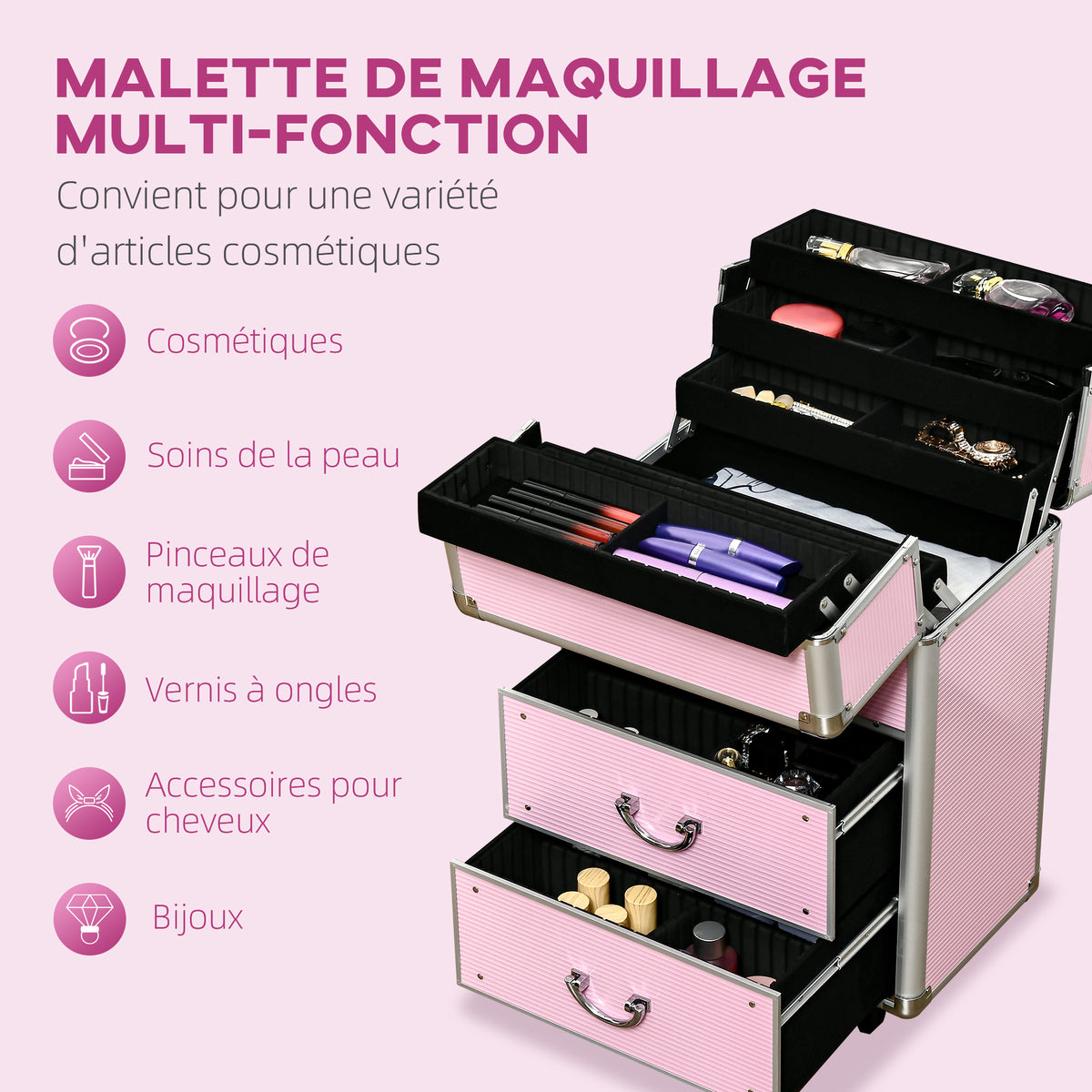 Valise trolley maquillage mallette cosmétique vanity poignée télescopique réglable 36L x 23l x 58H cm alu ABS rose