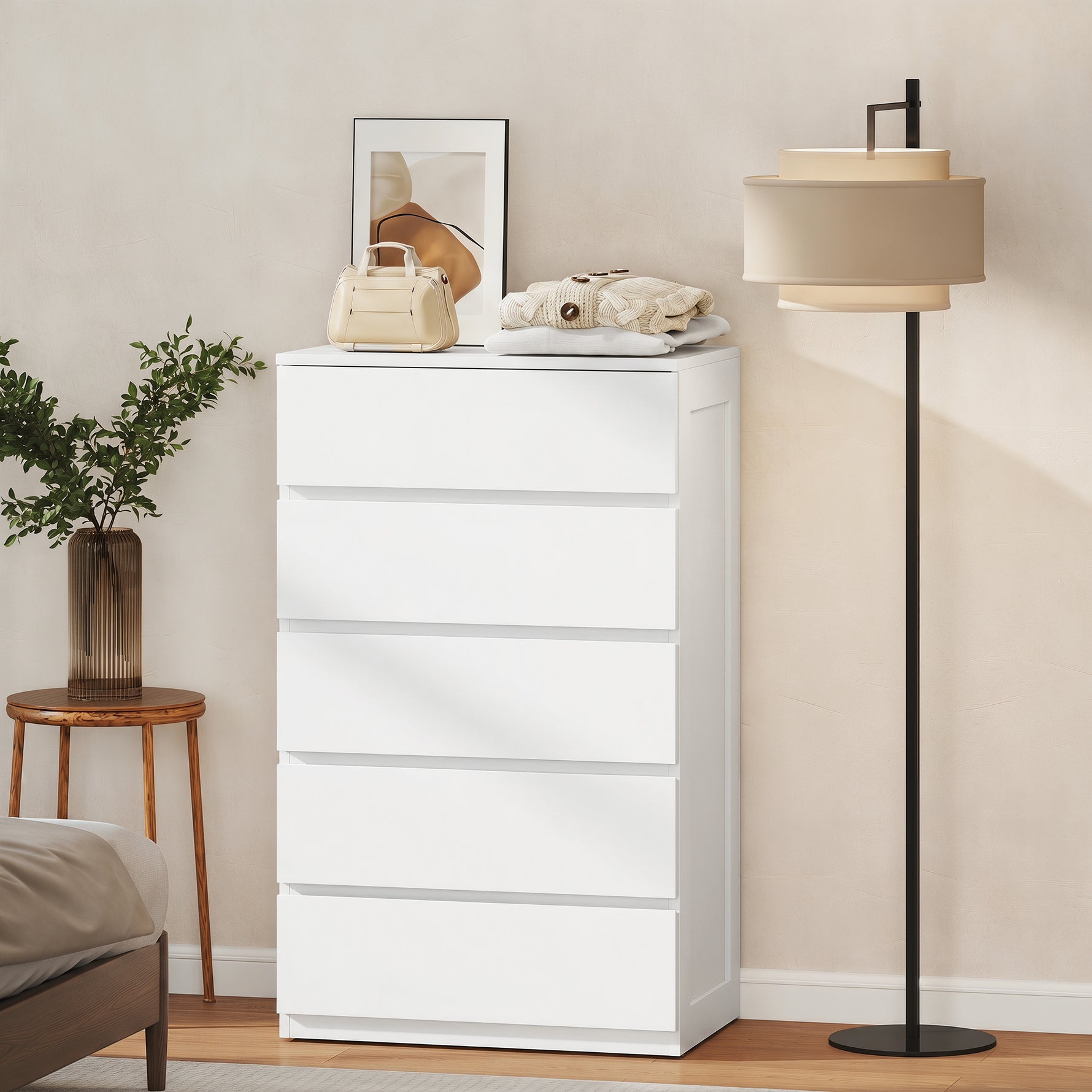 Commode 5 tiroirs meuble de rangement sans poignées design minimaliste 60 x 39 x 100 cm blanc