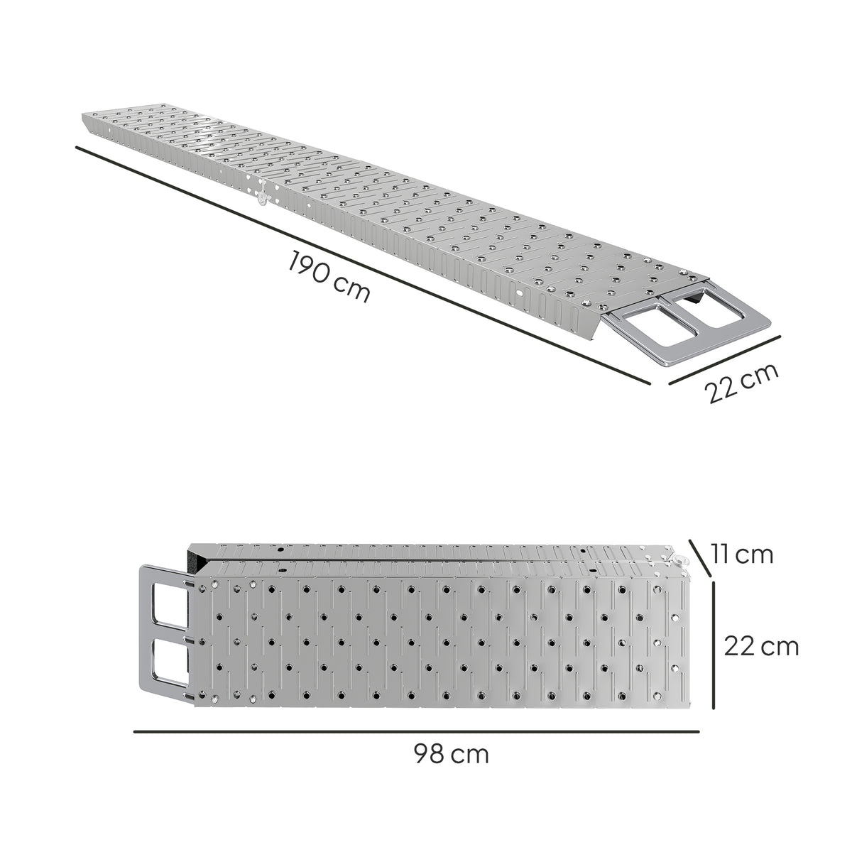 Opvouwbare oprijplaat 230 kg, stalen motoroprijplaat gegalvaniseerd met veiligheidsriemen, 190 x 22 x 8 cm, zilver