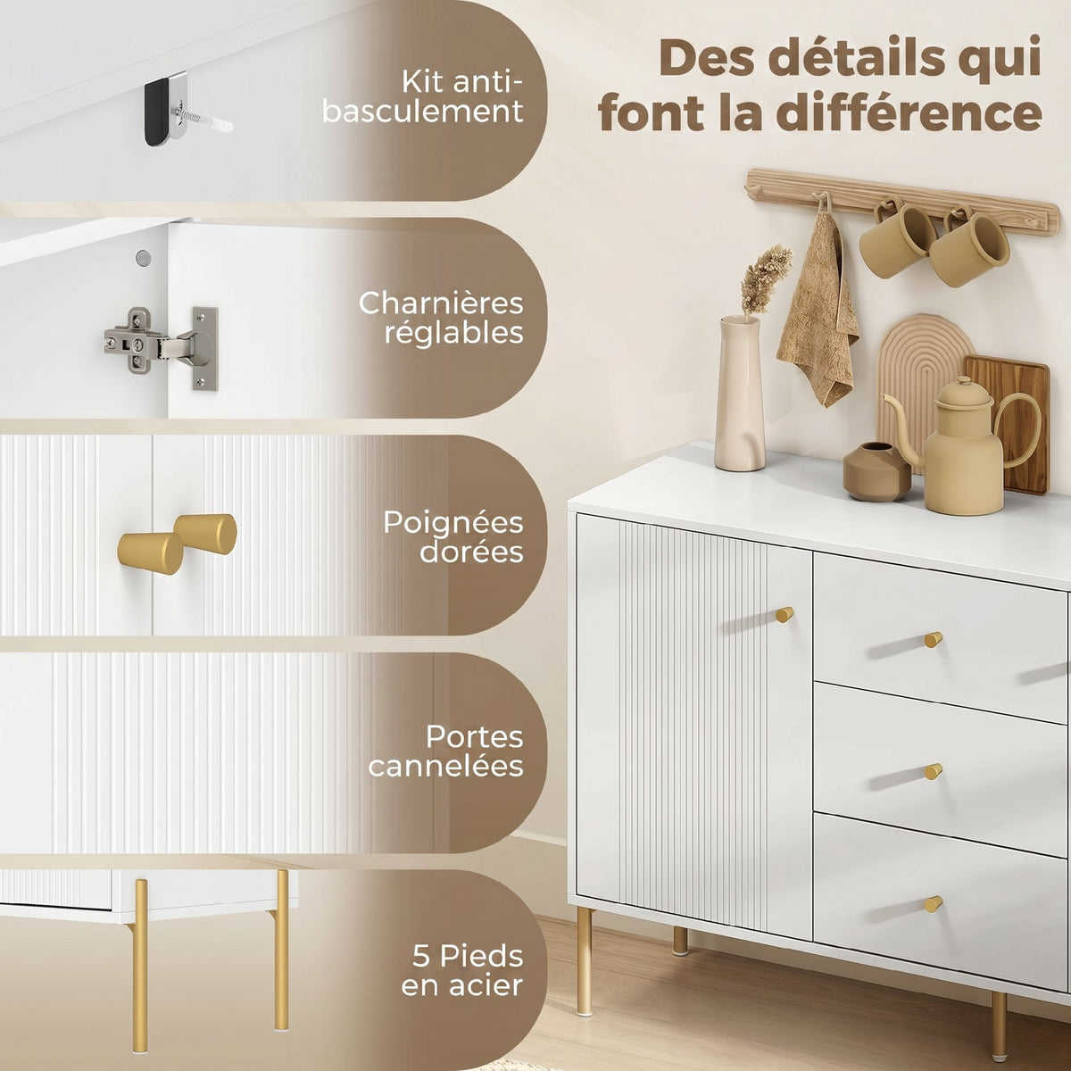 Buffet cuisine, meuble de rangement avec 2 portes, 3 tiroirs silencieux, 2 étagères réglables, 5 pieds en acier, blanc