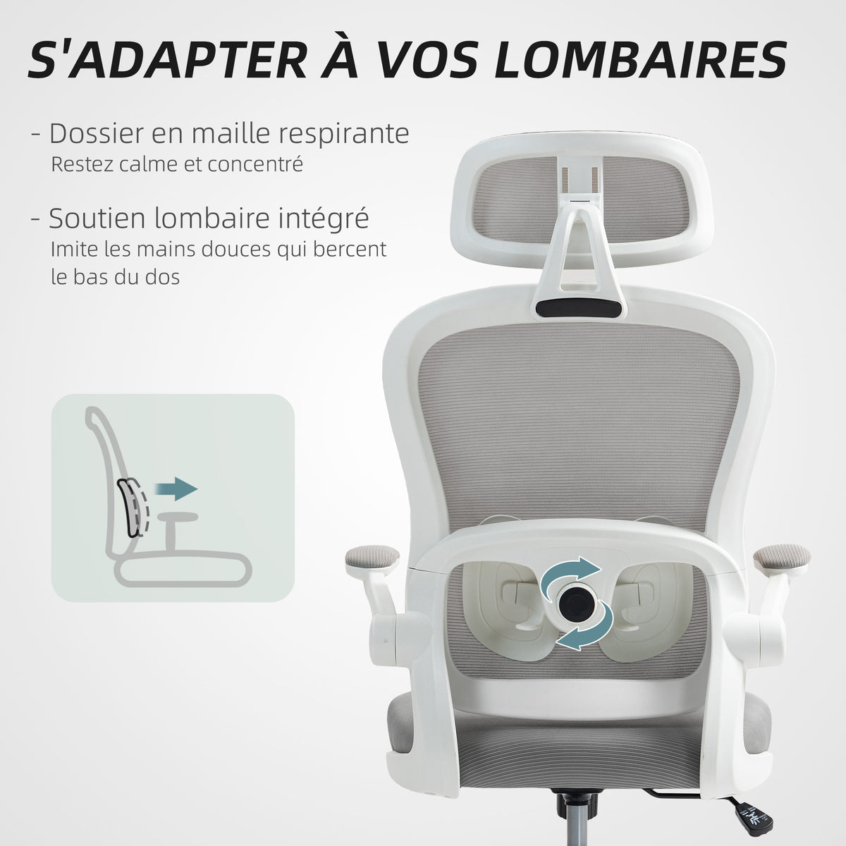 Chaise Bureau Ergonomique, Fauteuil de Bureau en Maille avec Accoudoirs Rabattables, Hauteur Réglable, 64x62x115cm, Gris