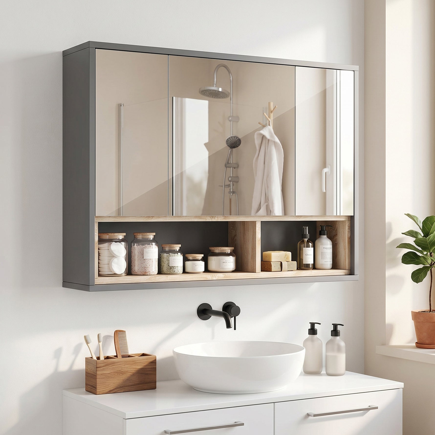 Meuble salle de bain avec miroir, armoire toilettes murale avec placards à 3 portes et 8 compartiments, gris