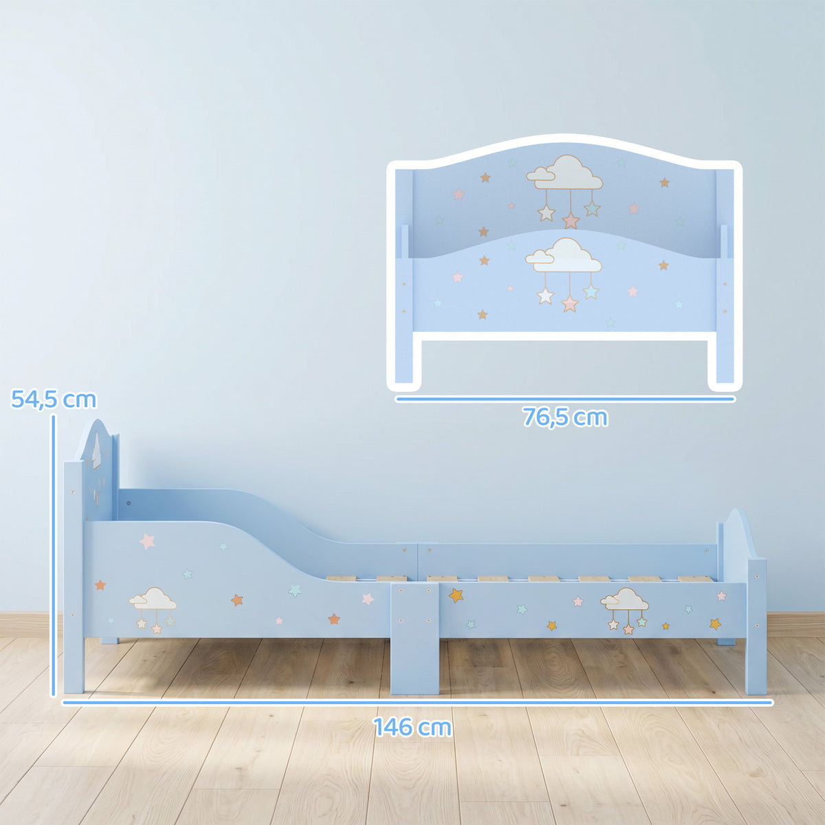 Lit Enfant 70 x 140 cm, Lit pour Enfant avec Barrière de Sécurité et Sommier à Lattes en Bois, Motif Nuage, Bleu