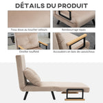 Fauteuil convertible 3 en 1 lit 1 place dossier 5 positions, accoudoirs en bois et coussin, tissu effet velours, beige