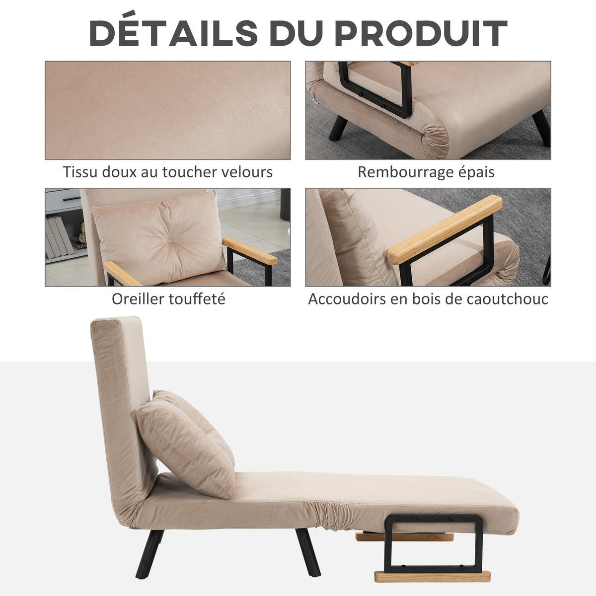 Fauteuil convertible 3 en 1 lit 1 place dossier 5 positions, accoudoirs en bois et coussin, tissu effet velours, beige
