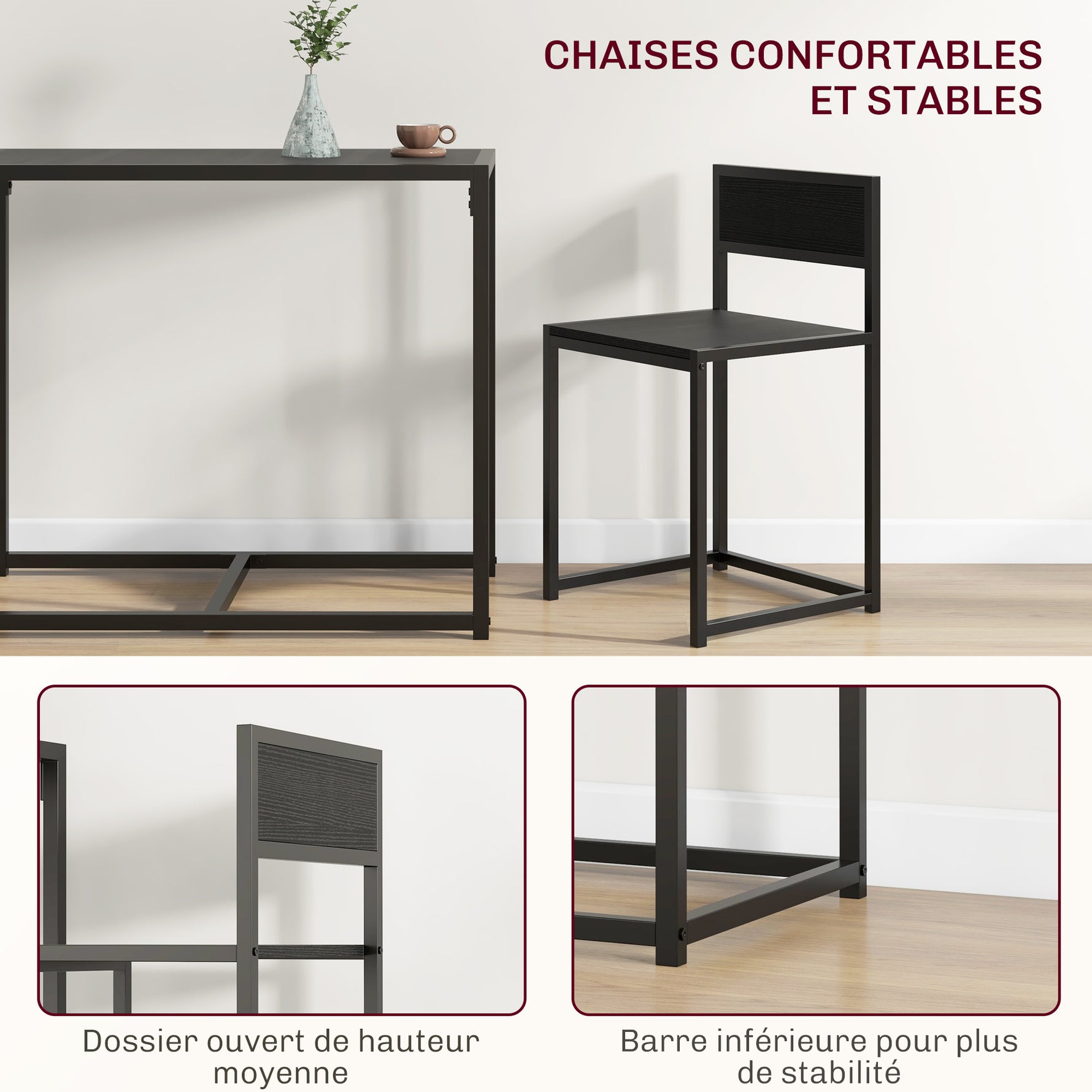 Ensemble table et chaises , table à manger 3 pièces avec 2 chaises encastrables, pour cuisine salon maison, noir