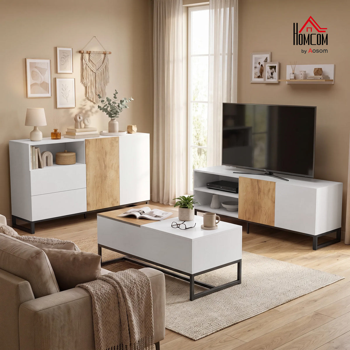 Meuble TV 140 cm, Meuble Télé pour Téléviseur jusqu'à 55 Pouces, 2 Portes à Fermeture Douce et Étagères Réglables, Blanc
