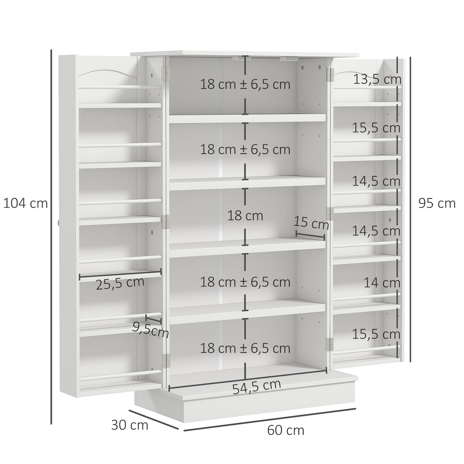 Armoire meuble de cuisine garde-manger 2 portes avec 5 étagères et 12 porte-épices - 60 x 30 x 104 cm - blanc