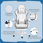 Gaming chair ergonomic gaming recliner with 135° reclining backrest and lumbar support, 65 x 65 x 121-129 cm white