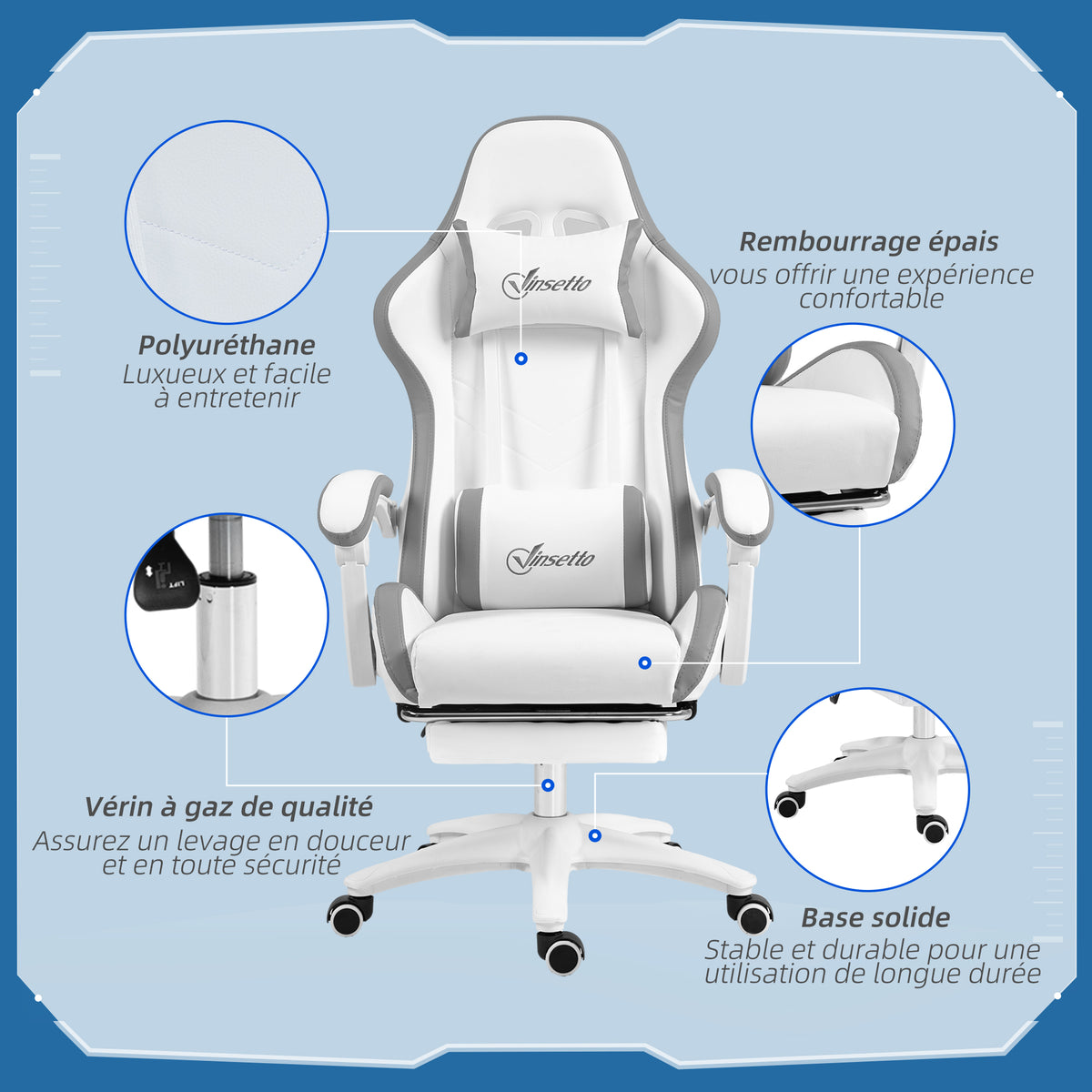 Gaming chair ergonomic gaming recliner with 135° reclining backrest and lumbar support, 65 x 65 x 121-129 cm white