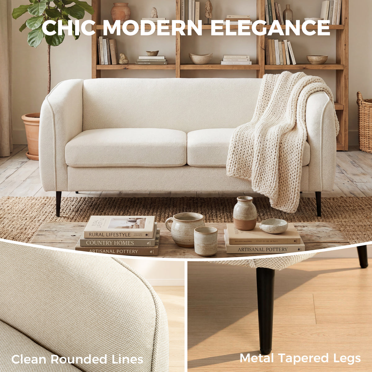 Canapé 2 places en velours, canapé de salon moderne 160 cm, assise large rembourrée, coussin épais à ressorts, beige