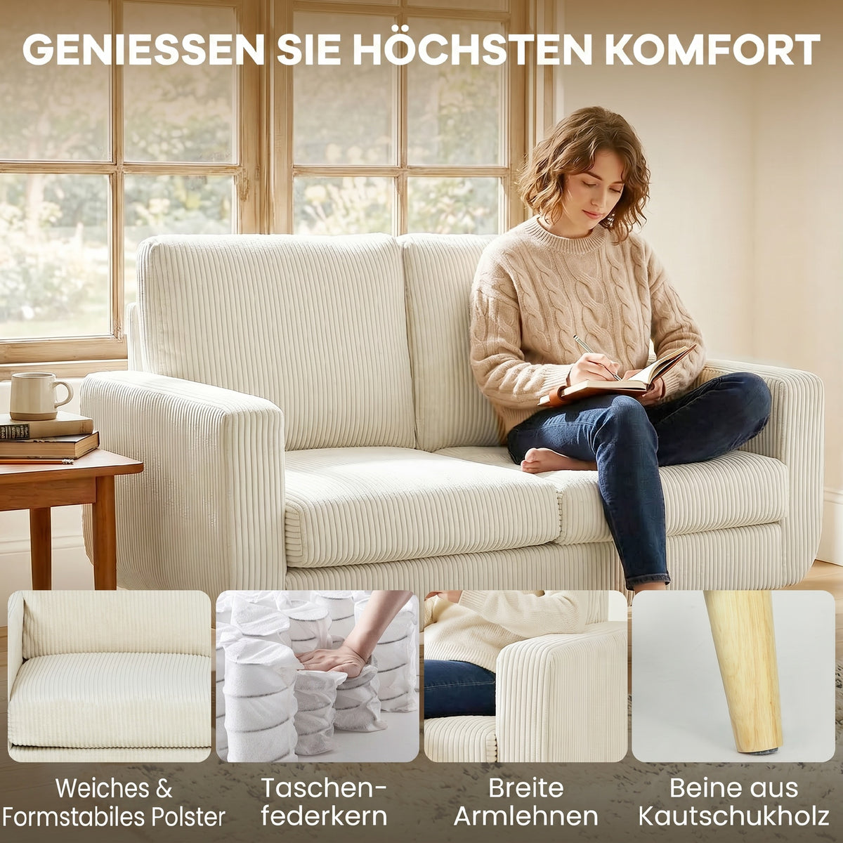 Canapé 2 places en velours côtelé, canapé de salon moderne 134 cm, assise rembourrée, coussin à ressorts, crème