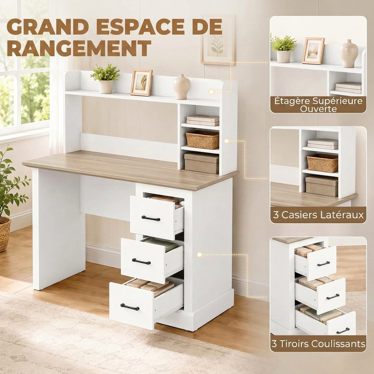 Bureau Informatique avec 3 Tiroirs, 120x55cm, Bureau avec Rangement, Étagères Ouvertes et Large Plateau, Chêne et Blanc