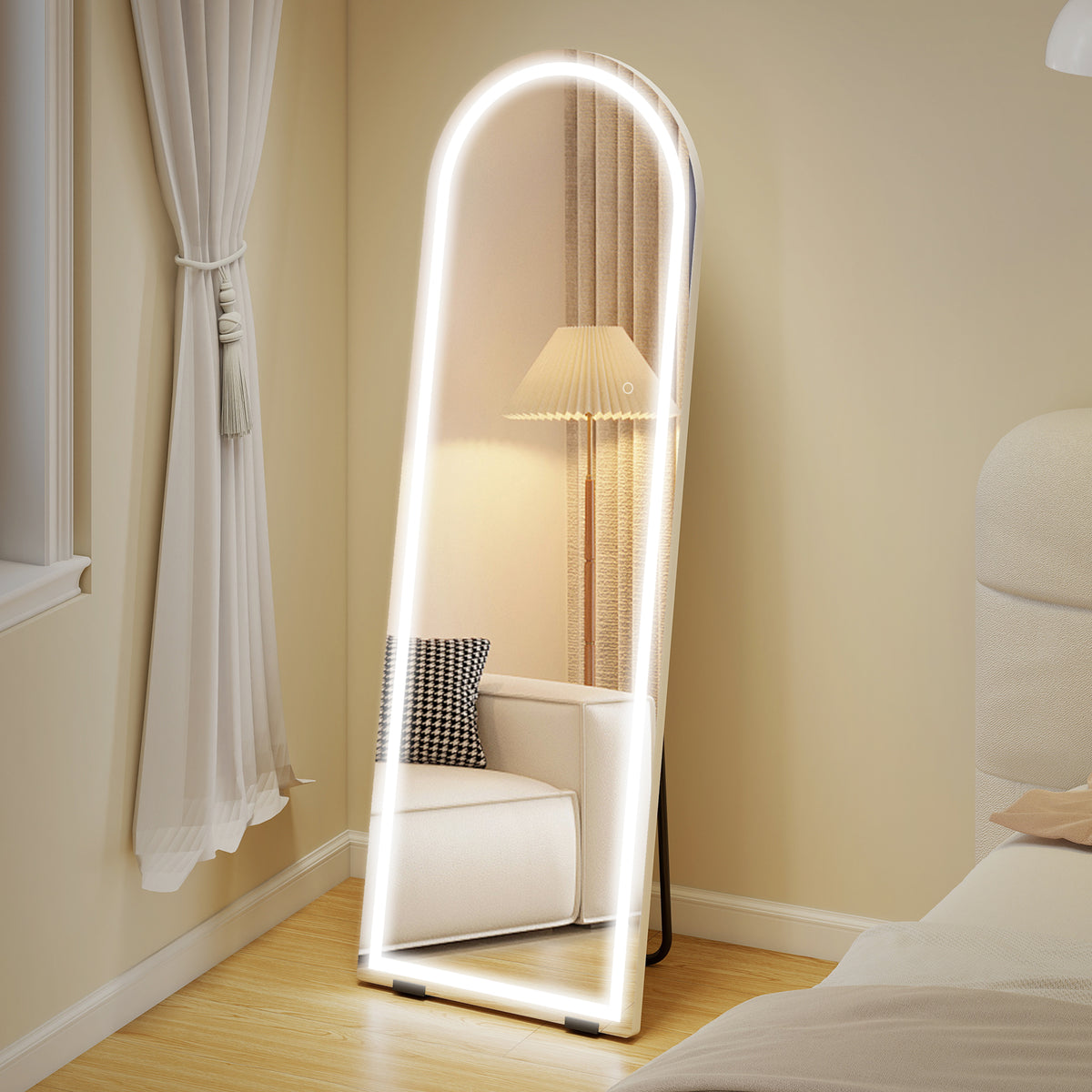 Specchio a figura intera ad arco con luci 150 x 50 cm, colore e luminosità regolabili, funzione memoria, trasparente