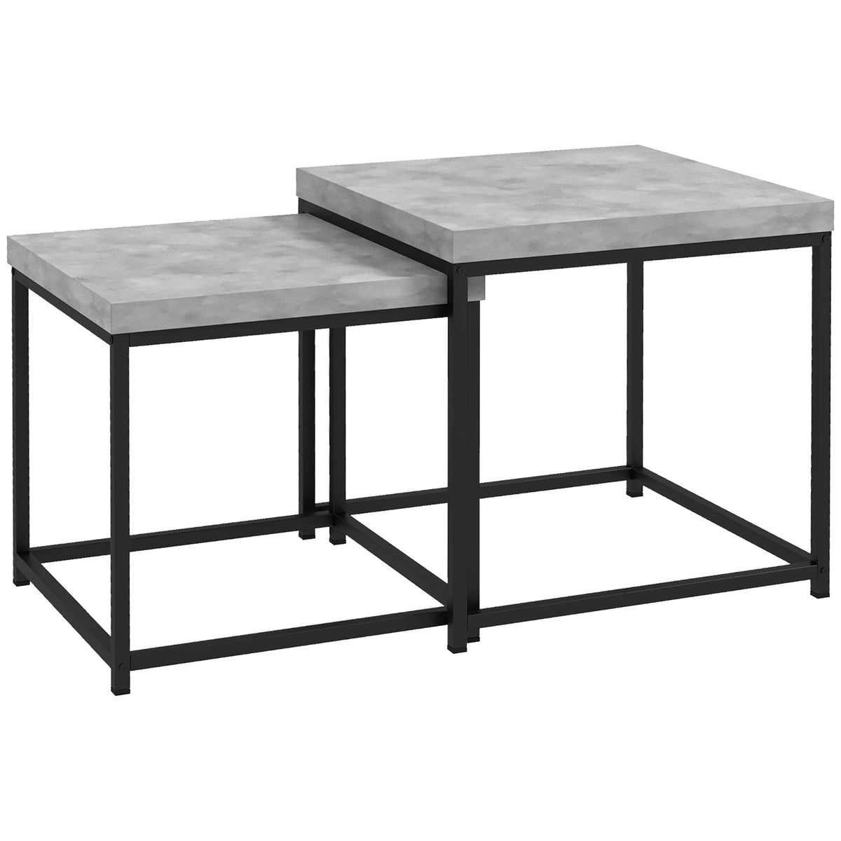Set van 2 vierkante bijzettafels salontafels, stalen frame en grijs houten tafelbladen