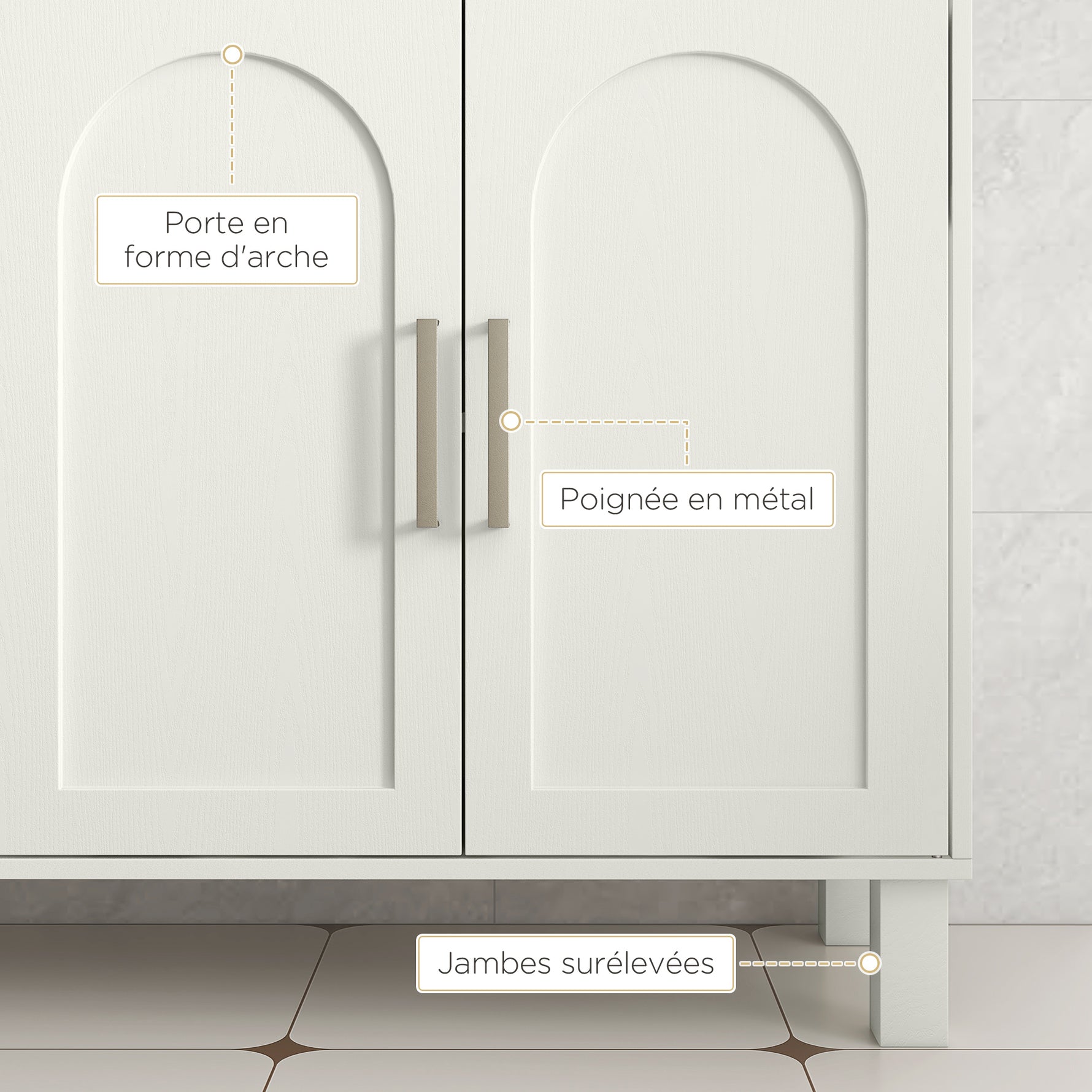 Meuble sous lavabo meuble de salle de bain avec placard à deux niveaux étagères réglables 90l x 30P x 63H cm crème