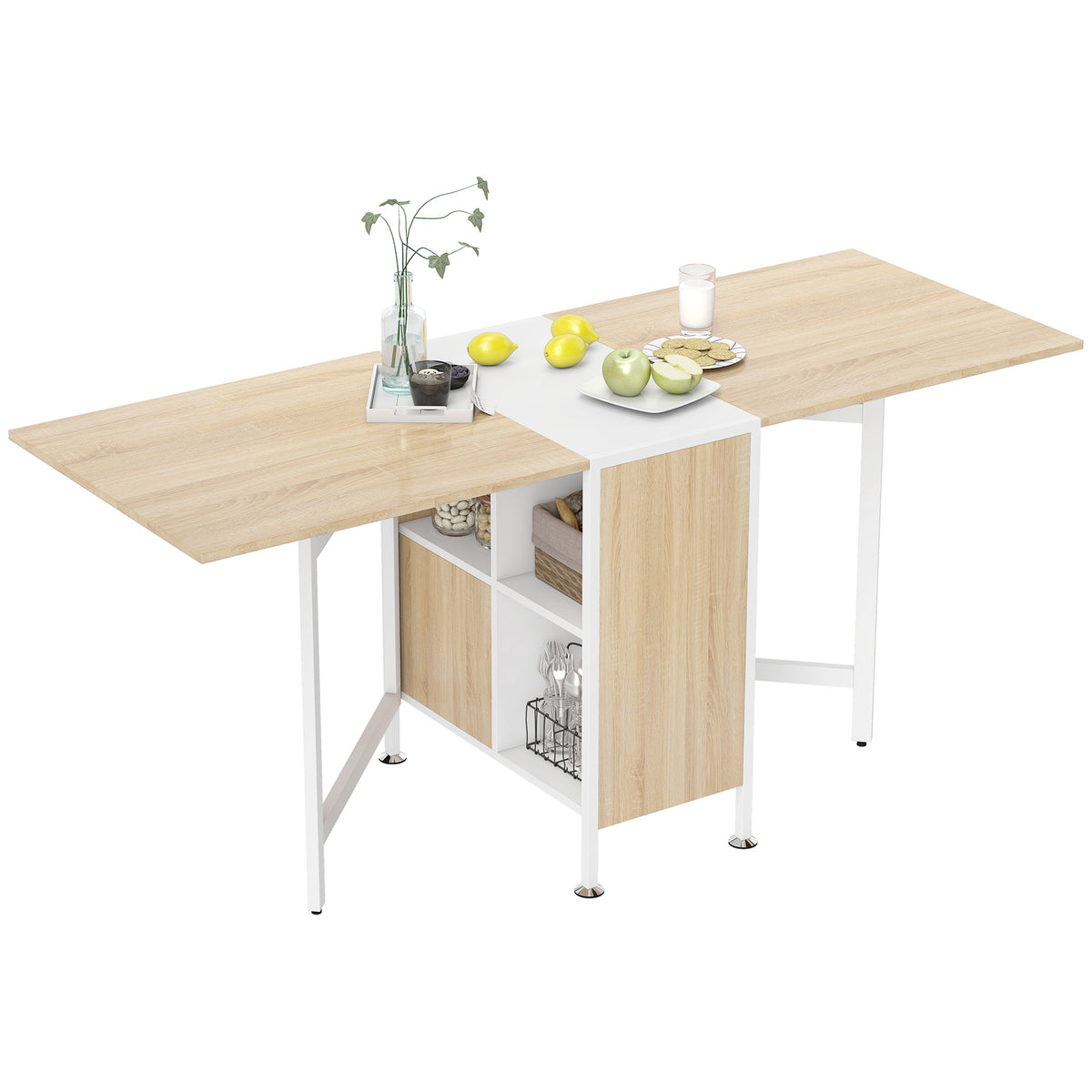 Mesa de cocina plegable para 4 personas, mesa de comedor con 4 nichos integrados para espacios pequeños, dim. desplegada 169L x 62an x 75Al cm, MDF roble claro, acero blanco