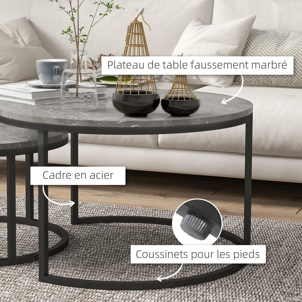 Juego de 2 mesas de centro nido apilables de diseño industrial con tablero imitación cemento y patas de metal gris