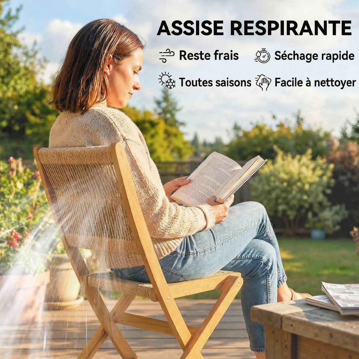Lot de 2 Chaises de Jardin Pliantes Chaises de Balcon en Bois d'Acacia Assise en Corde Tressée Naturel et Beige