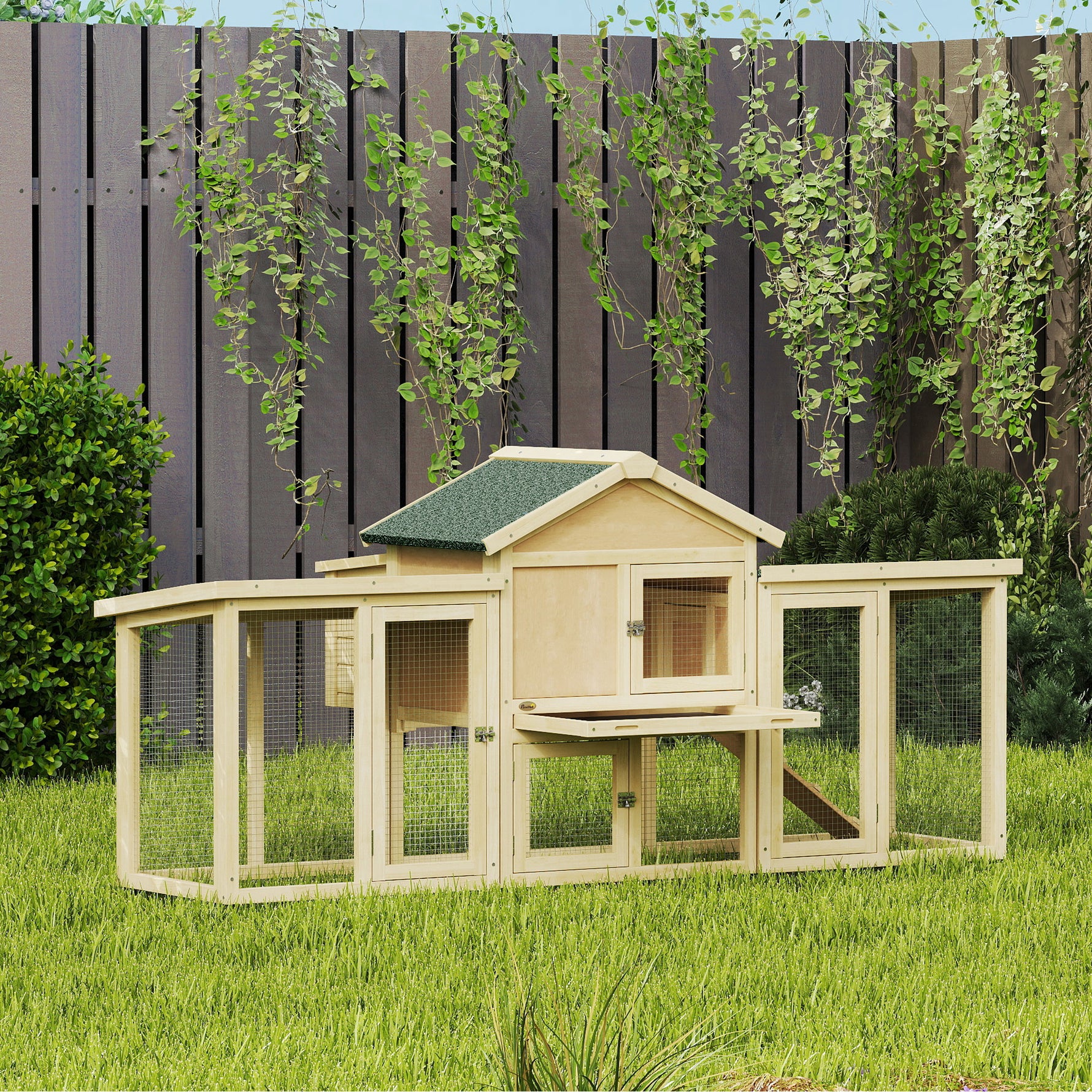Poulailler clapier modèle chalet multi-équipé : rampes, nichoirs, plateau, en bois massif 204 x 85 x 93 cm bois naturel