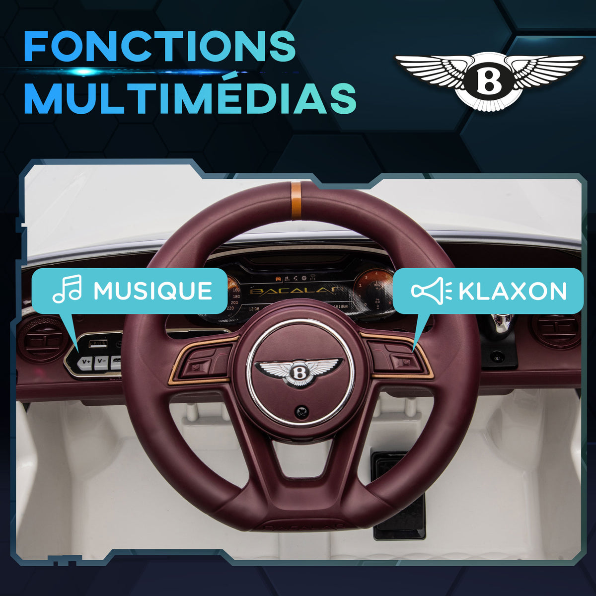 Elektroauto für Kinder von 3 bis 5 Jahren, 2 Motoren 12V 25W, 3-5 km/h, 2,4G-Fernbedienung, Bentley Bacalar weiß