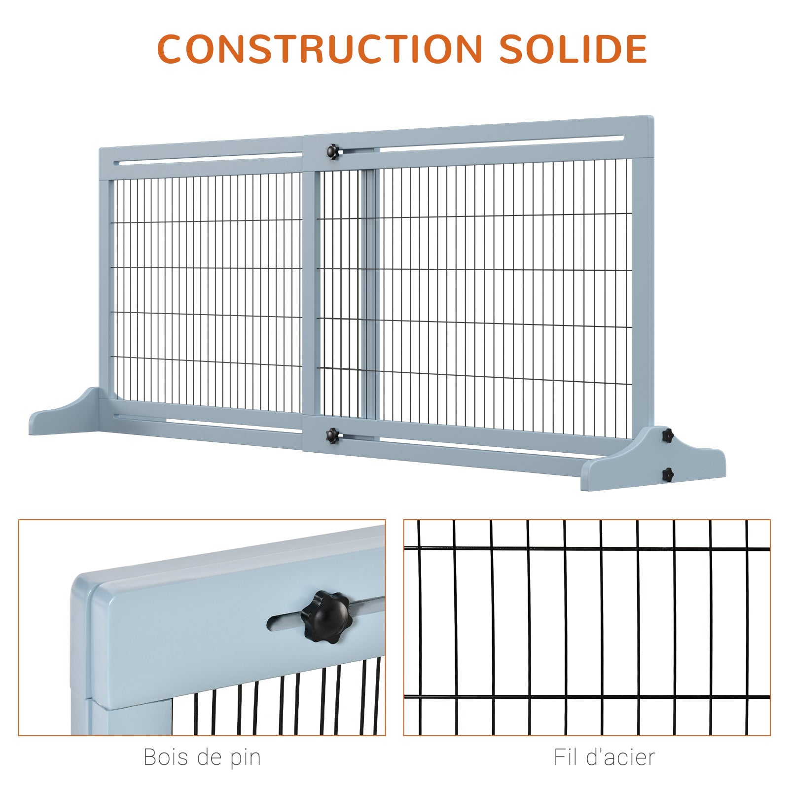 Barrière de sécurité pour chien extensible longueur réglable 104-180 x 36 x 69 cm pin bleu gris