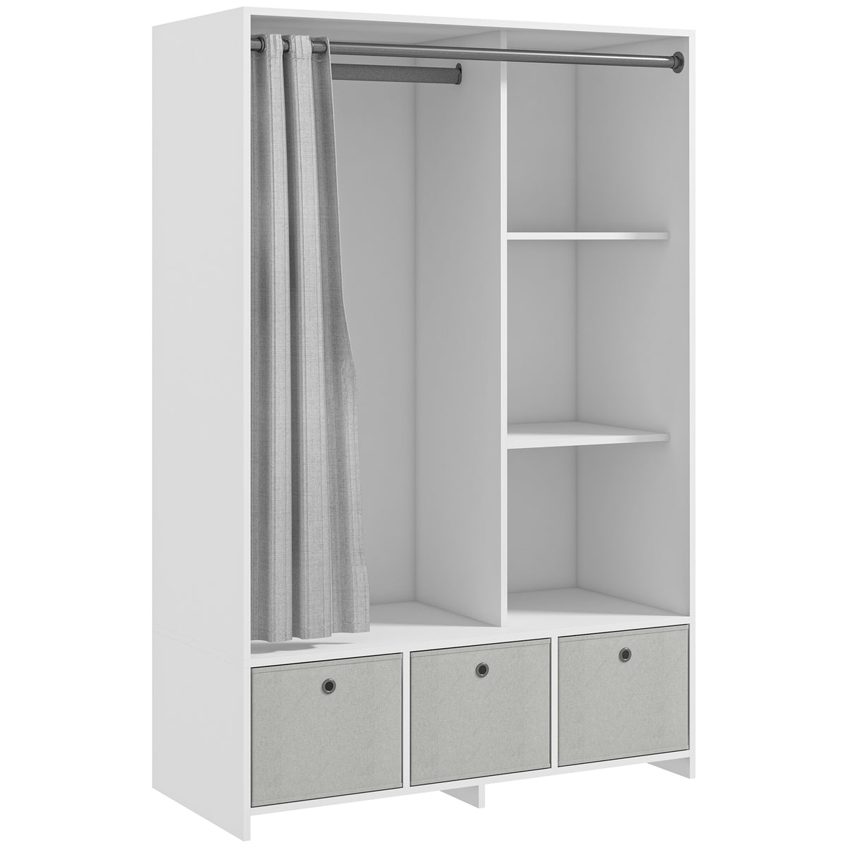 Armadio guardaroba armadio contenitore con asta appendiabiti, tende e 3 cassetti in tessuto rimovibili, 105 x 48 x 160 cm, bianco
