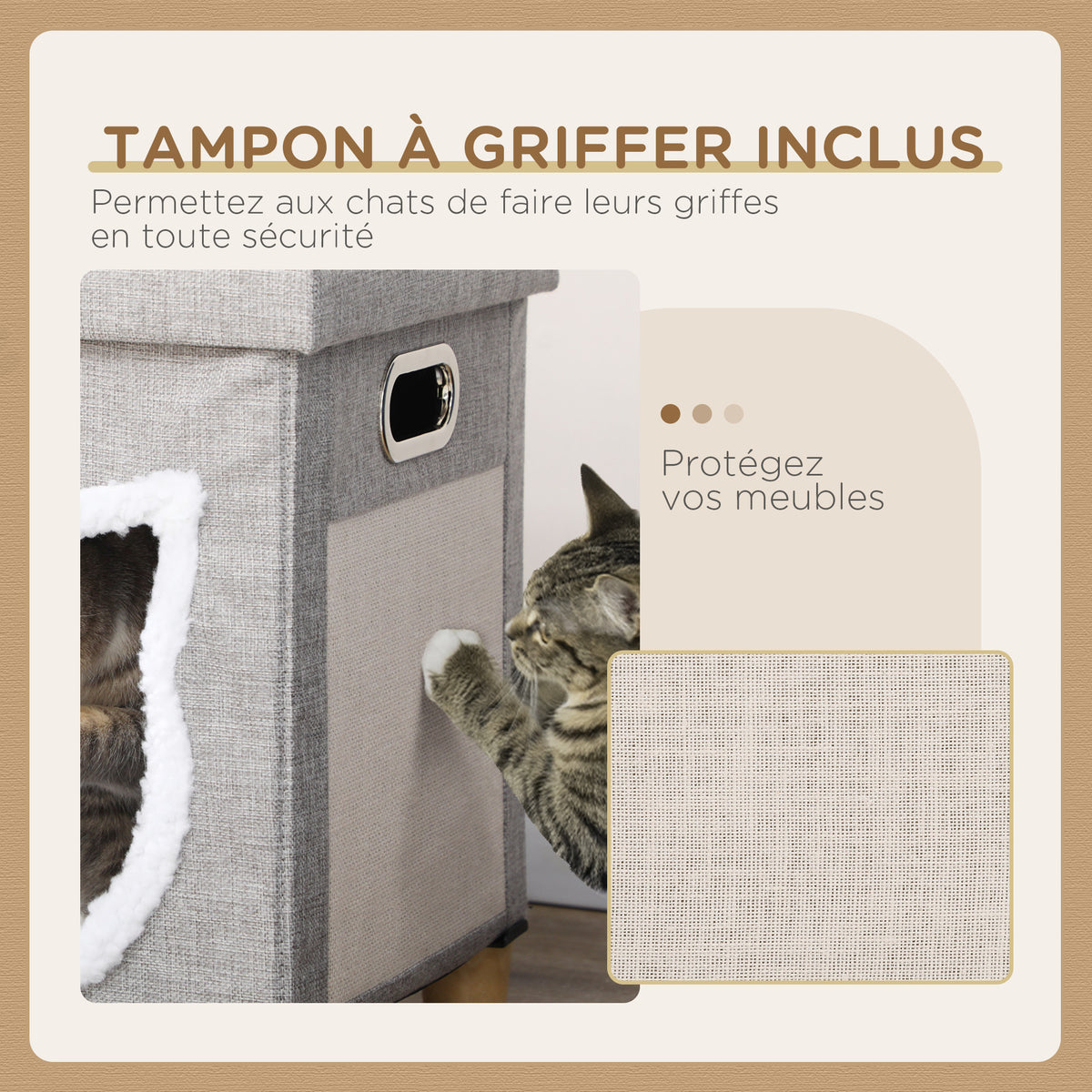 2-in-1 overdekte kattenmand voor binnen, houten poten, uitneembaar en wasbaar kussen, speelbal, 35,5x35,5x42,5cm, grijs